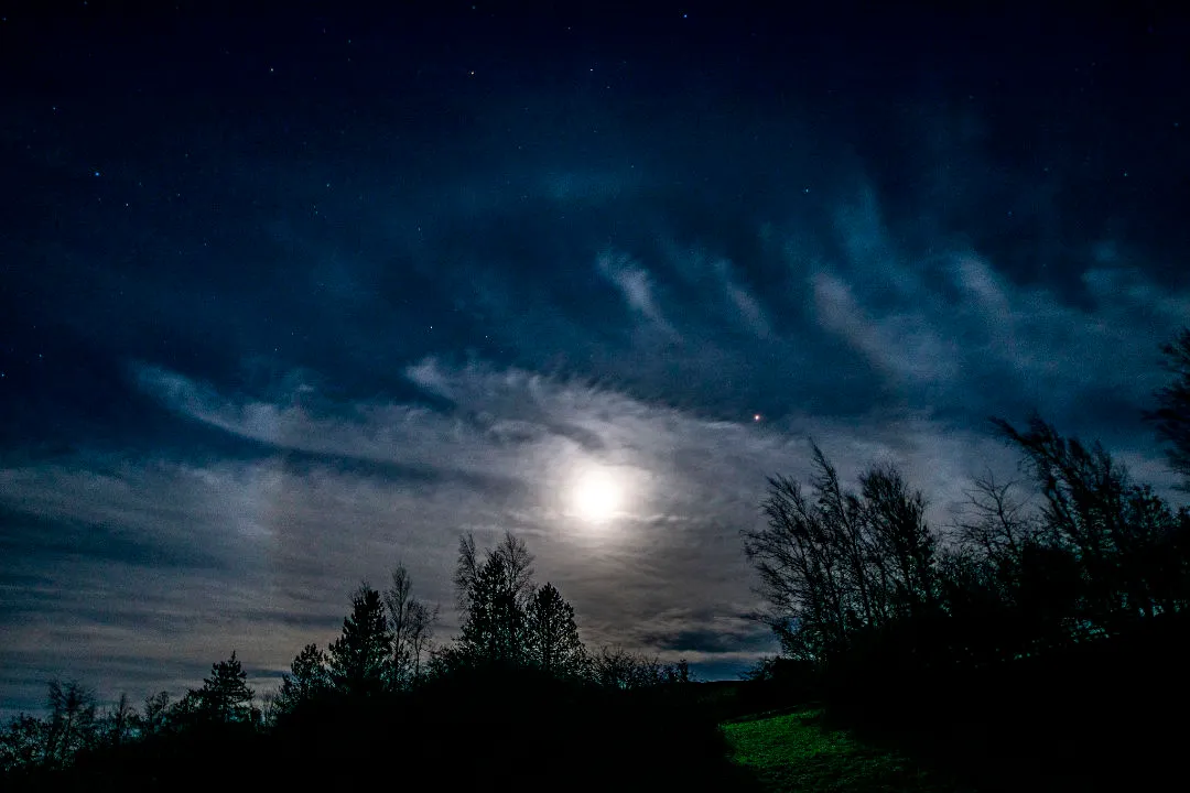 Moon and Mars inside a lunar halo, by Andrew Morl, Grassholme Observatory, County Durham, 30 October 2020. Equipment: Nikon D7200 DSLR, Sigma 8–16mm lens