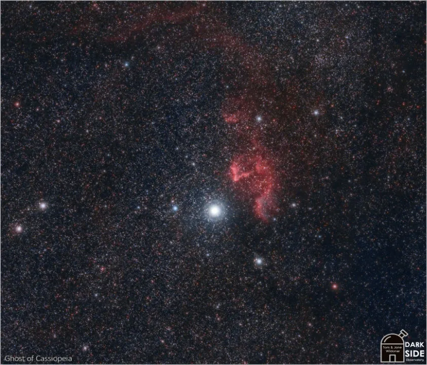 IC 59 and IC 63, the Ghost of Cassiopeia Tom Wildoner, The Dark Side Observatory, Pennsylvania, USA, 19 September 2020. Equipment: ZWO ASI 071MC Pro colour camera, William Optics RedCat51 apo refractor, Sky-Watcher EQ6R-Pro mount