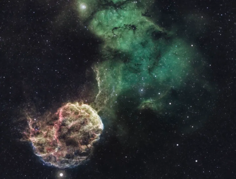 The Jellyfish Nebula Chris Bulik, San Antonio, Texas, USA, 15–17 November 2020. Equipment: ZWO ASI 294MM Pro camera, Meade 70mm apo refractor, Sky-Watcher EQ6-R Pro mount