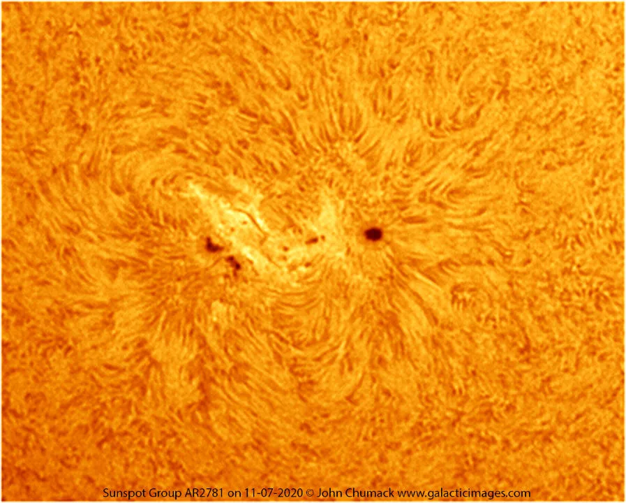 Sunspot group AR2781 John Chumack, Dayton, Ohio, USA, 28 November 2020. Equipment: QHY5III290M CMOS camera, Lunt 60mm/500mm H-Alpha Solar telescope, Paramount MyT mount