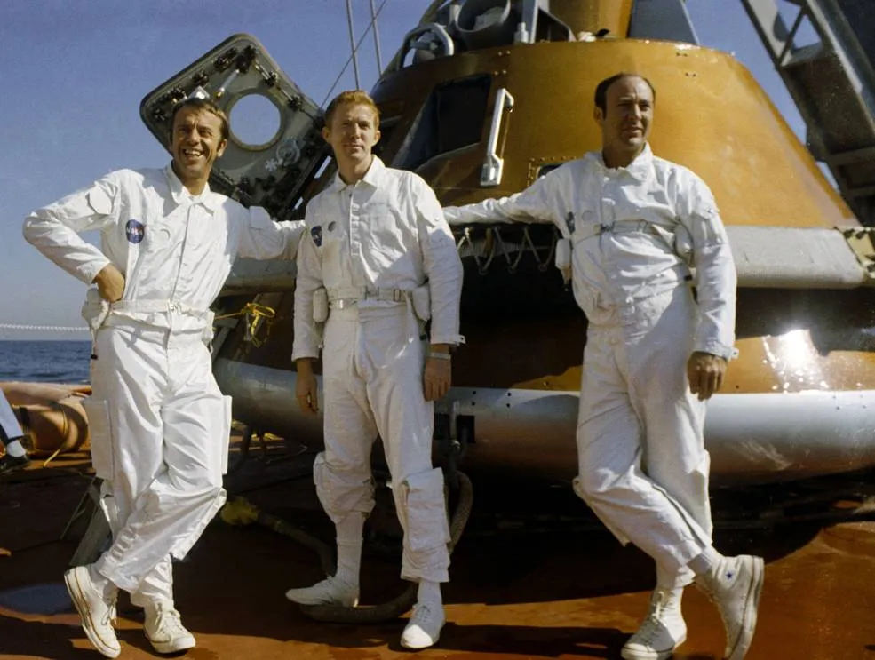Apollo 14 astronauts Alan B. Shepard, left, Stuart A. Roosa, and Edgar D. Mitchell during water egress training in the Gulf of Mexico. Credit: NASA