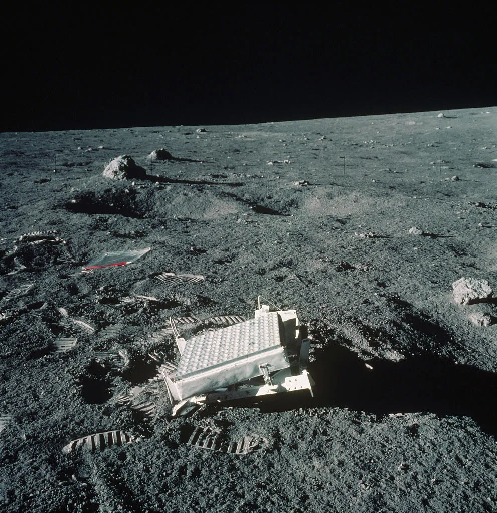 The Apollo 14 astronauts left a laser reflector on the Moon for scientists to use as a measuring device. Credit: NASA/Roger Ressmeyer/Corbis/VCG via Getty Images)