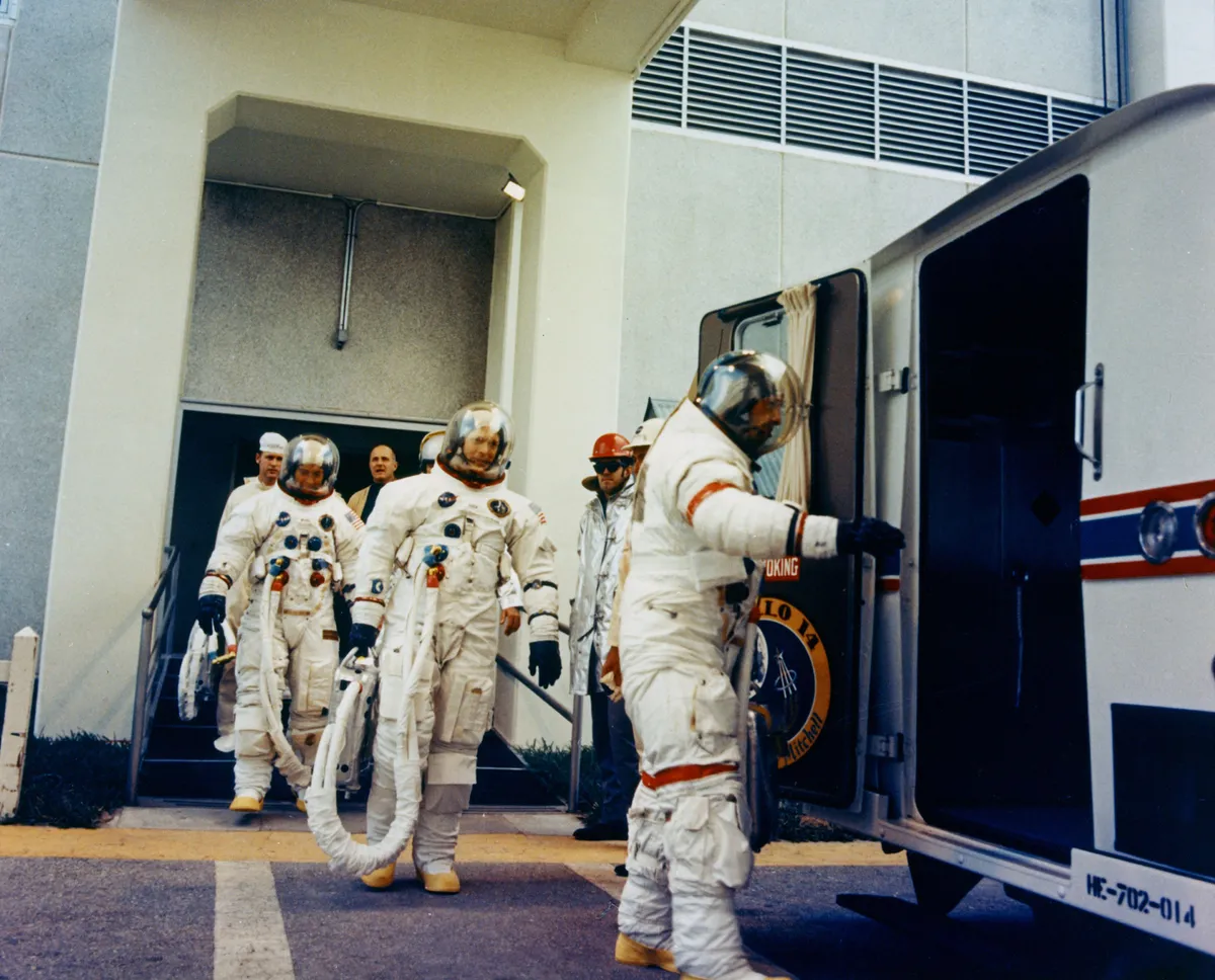 Apollo 14 astronauts Al Shepard, Ed Mitchell and Stu Roosa embark onto the transfer van for the Countdown Demonstration Test, 31 January 1971. Credit: Science & Society Picture Library / Getty Images