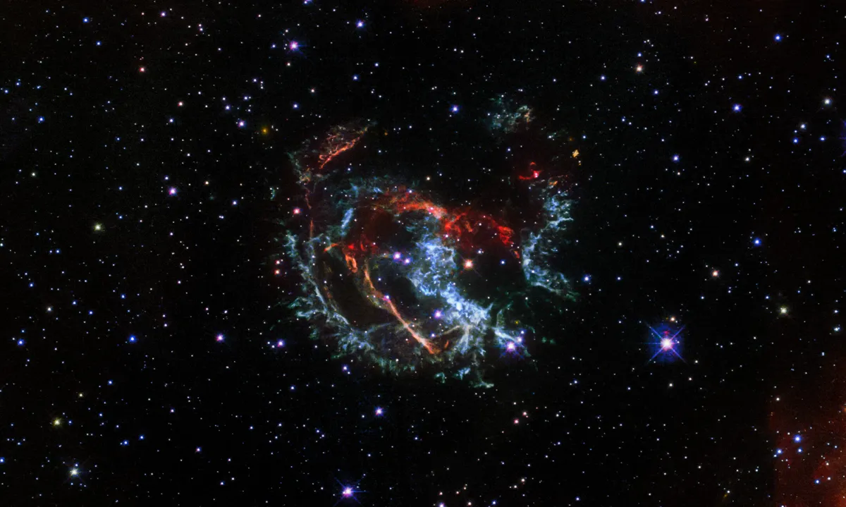 Supernova remnant 1E 0102.2-7219, the remains of a star that exploded Small Magellanic Cloud. Credit: NASA, ESA, and J. Banovetz and D. Milisavljevic (Purdue University)