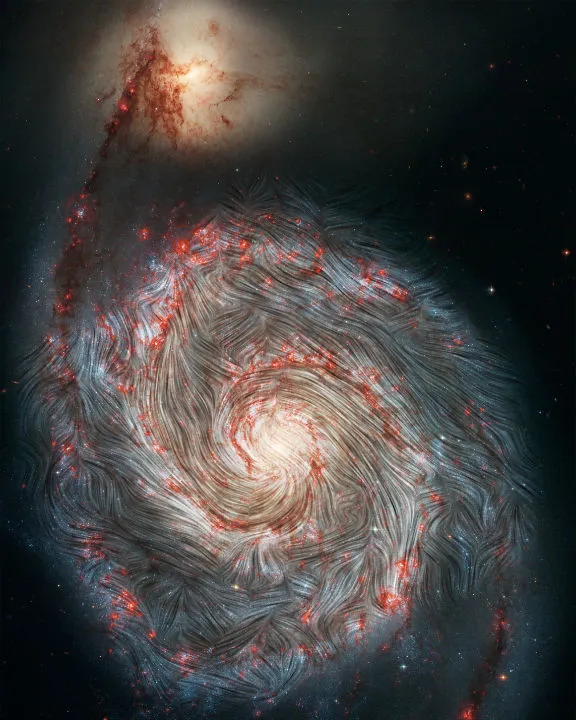 Chaotic magnetic fields in the Whirlpool Galaxy, M51. HUBBLE SPACE TELESCOPE/SOFIA, 14 JANUARY 2021 IMAGE CREDIT: NASA, the SOFIA science team, A. Borlaff; NASA, ESA, S. Beckwith (STScI) and the Hubble Heritage Team (STScI/AURA)