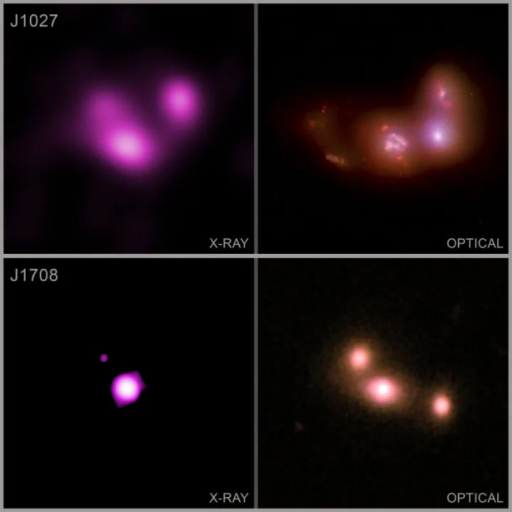 Black holes as three galaxies collide CHANDRA X-RAY OBSERVATORY/HUBBLE SPACE TELESCOPE, 14 JANUARY 2021 Image credit: X-ray: NASA/CXC/Univ. of Michigan/A. Foord et al.; Optical: SDSS & NASA/STScI