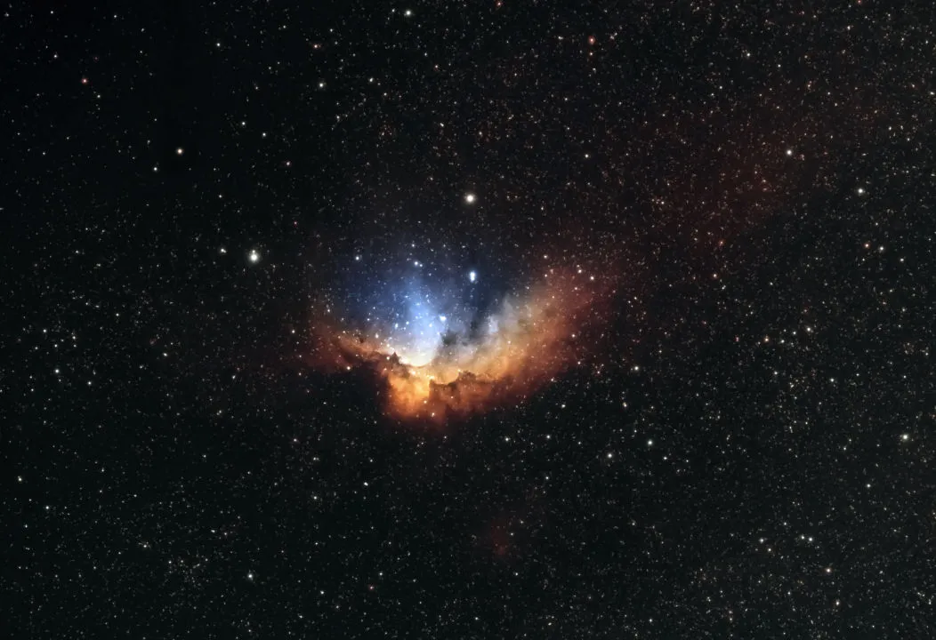 The Wizard Nebula, NGC 7380 Rachael & Jonathan Wood, Doncaster, 30 July & 19 August 2020 Equipment: ZWO ASI 294MC Pro camera, Sky-Watcher Evostar ED80 refractor, Sky-Watcher HEQ5 Pro mount