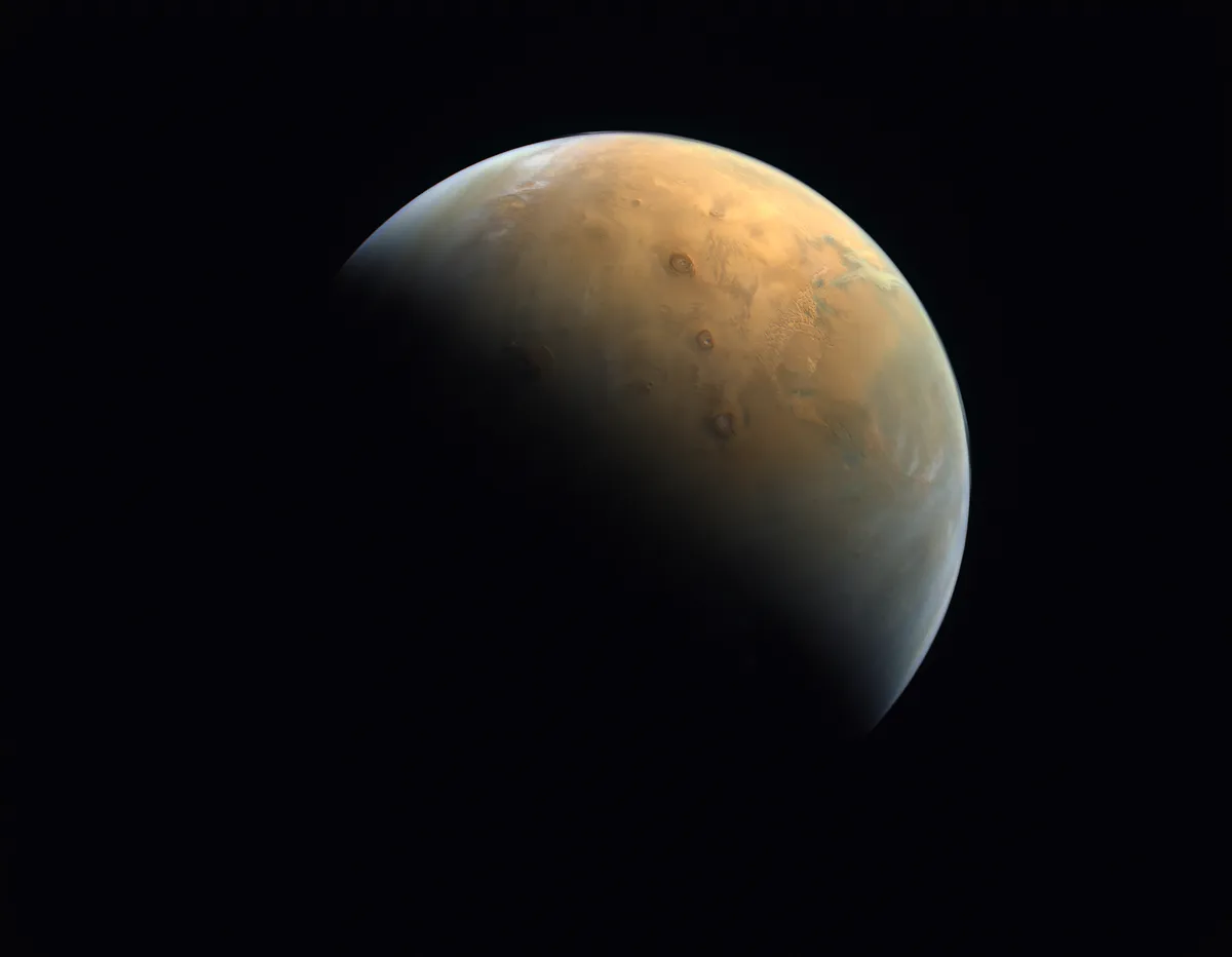 The Hope probe's first image of Mars, captured from an altitude of 24,700 km above the Martian surface at 20:36 UTC on 10 February 2021, one day after arriving at Mars. Credit: MBRSC/UAE Space Agency