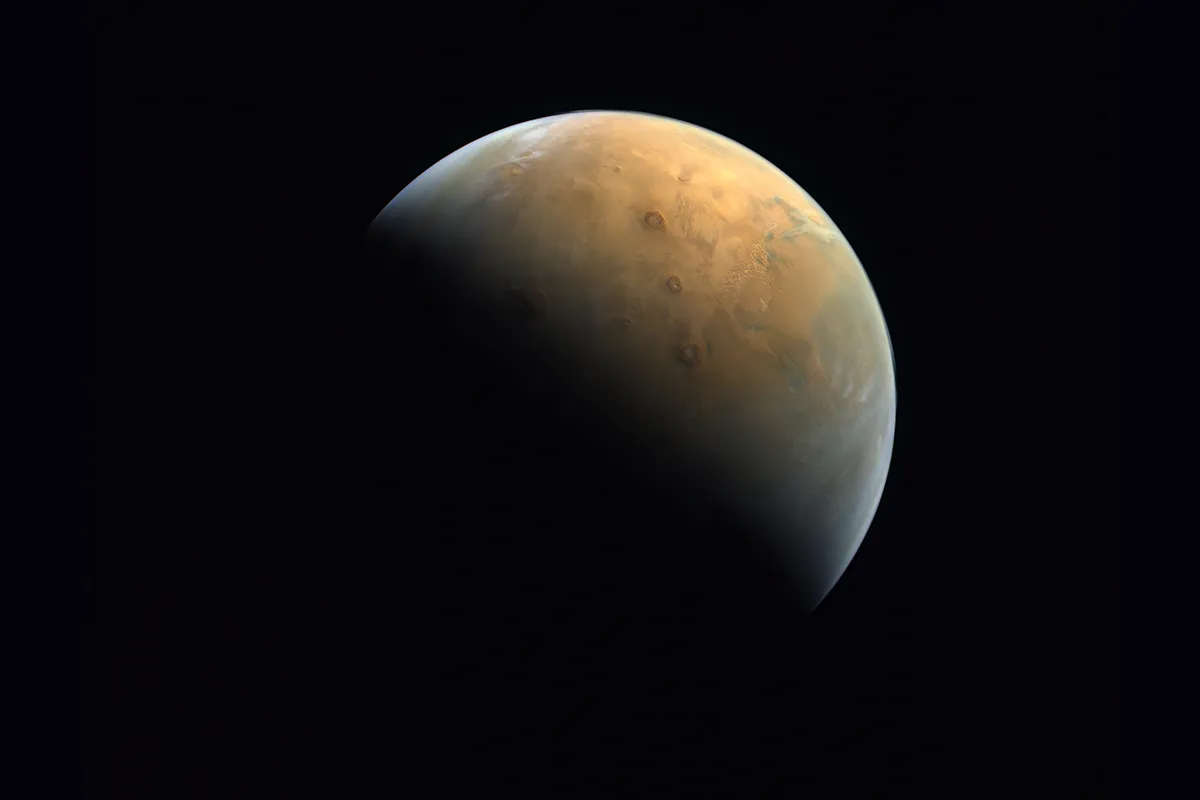 The Hope probe's first image of Mars, captured from an altitude of 24,700 km above the Martian surface at 20:36 UTC on 10 February 2021, one day after arriving at Mars. Credit: MBRSC/UAE Space Agency