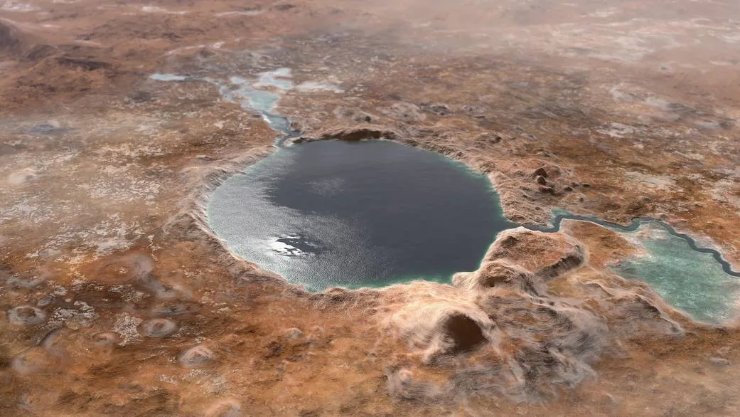 Jezer Crater, the Perseverance rover's landing site, as it may have looked billions of years ago, when it was a lake. Credit: NASA/JPL-Caltech