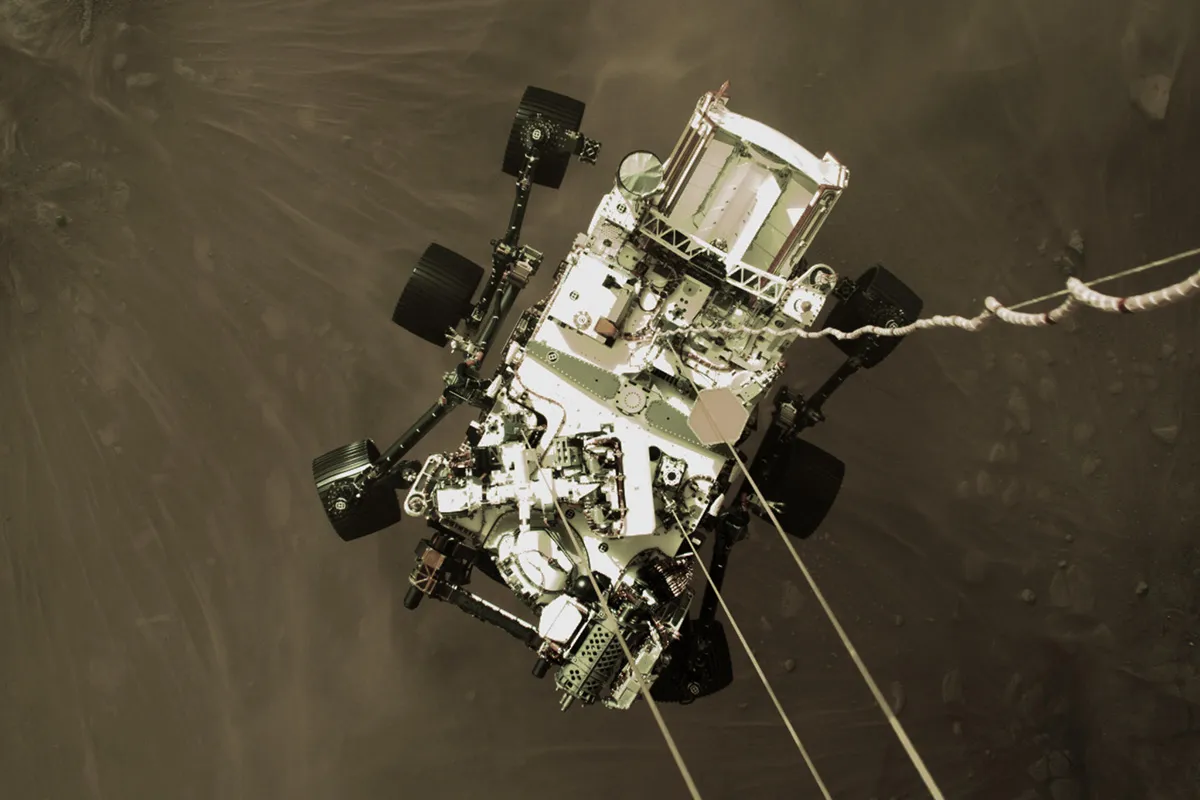 Still from a video showing the landing of Perseverance rover on the surface of Mars. Credit: NASA/JPL-Caltech