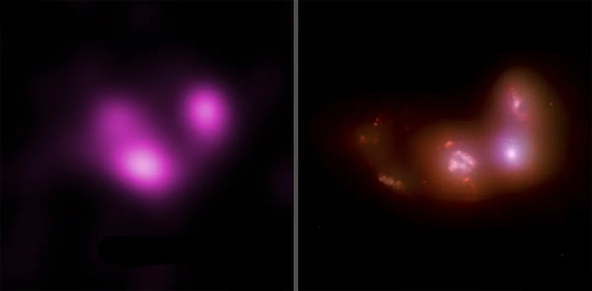 Triple galaxy merger J1027. On the left is X-ray data captured by the Chandra X-ray Observatory. The bright spots indicate X-rays given off by material falling into supermassive black holes. On the right is optical data seen by the Hubble Space Telescope. Credit: X-ray: NASA/CXC/Univ. of Michigan/A. Foord et al.; Optical: SDSS & NASA/STScI