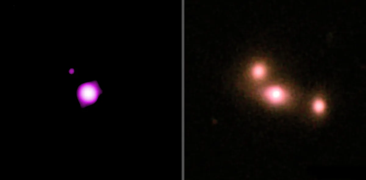 Triple galaxy merger J1708. On the left is X-ray data captured by the Chandra X-ray Observatory. The bright spots indicate X-rays given off by material falling into supermassive black holes. On the right is optical data seen by the Hubble Space Telescope. Credit: X-ray: NASA/CXC/Univ. of Michigan/A. Foord et al.; Optical: SDSS & NASA/STScI