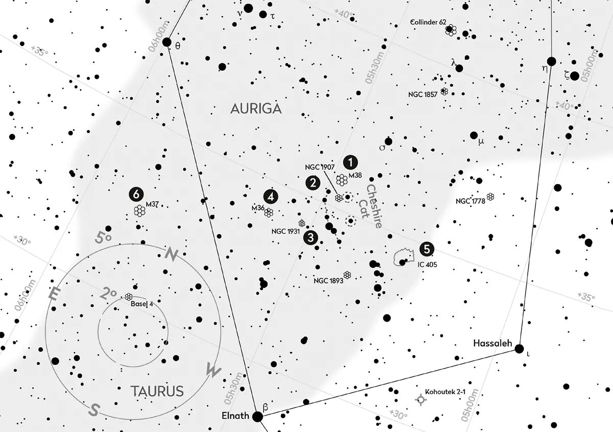Use this chart to help you find all the targets in our Auriga tour. It's black on white so you can use it under red light. Click here for a PDF version you can print out at home. Credit: BBC Sky at Night Magazine.
