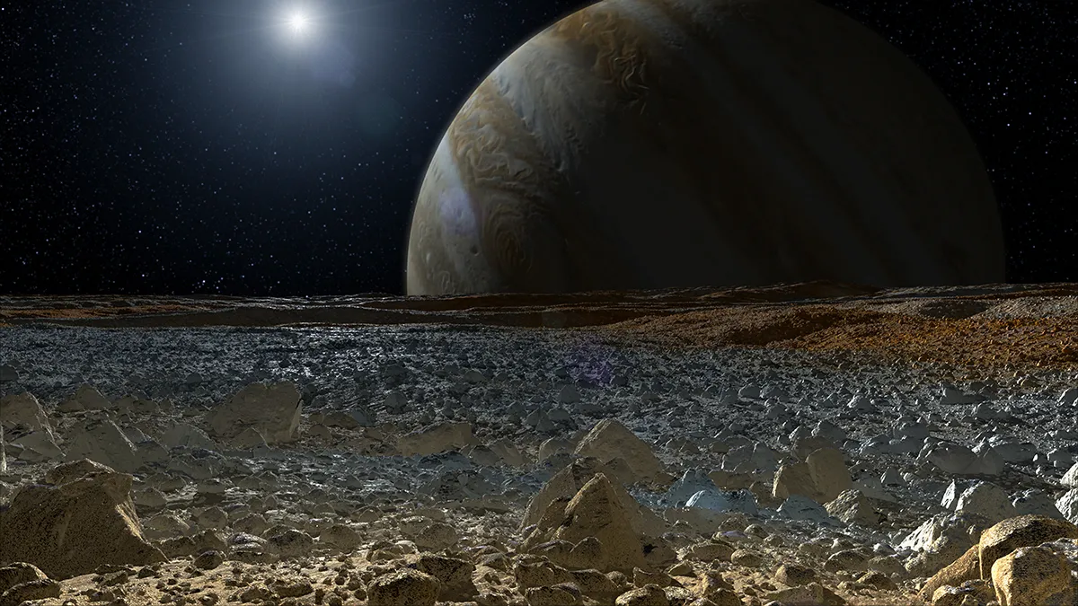 An artist's impression of the view from the surface of Jupiter's moon Europa. Credit: NASA/JPL-Caltech