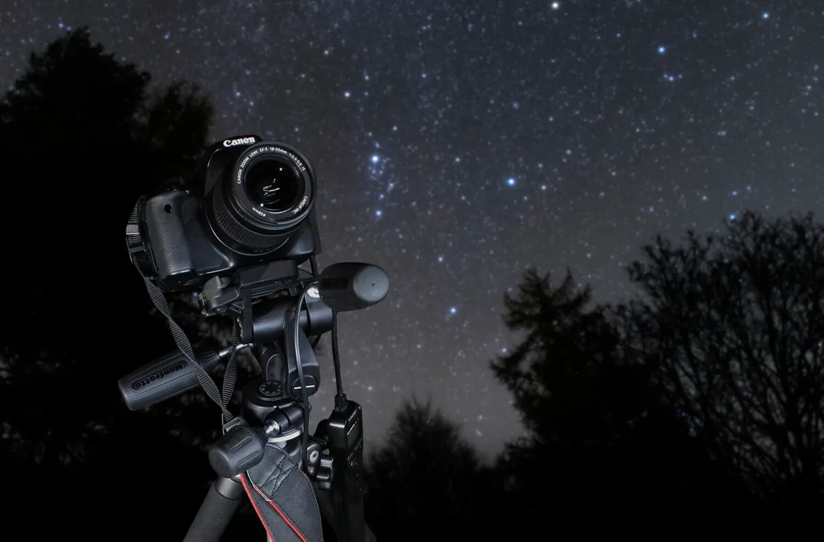 A Canon DSLR on a static tripod at night