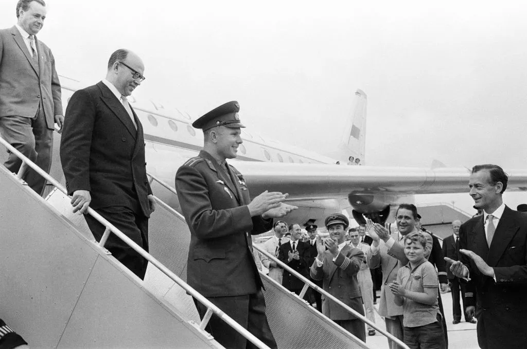 Yuri Gagarin arrives at London’s Heathrow Airport, 11 July 1961. Photo by Daily Herald/Mirrorpix/Getty Images