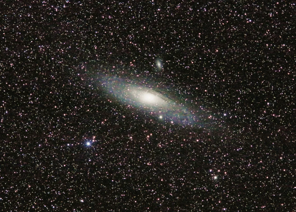 An image of the Andromeda Galaxy taken using an iOptron SkyTracker and Canon 700D EOS DSLR camera with 135mm lens, made from a stack of 20x 30” exposures. Credit: Stuart Atkinson