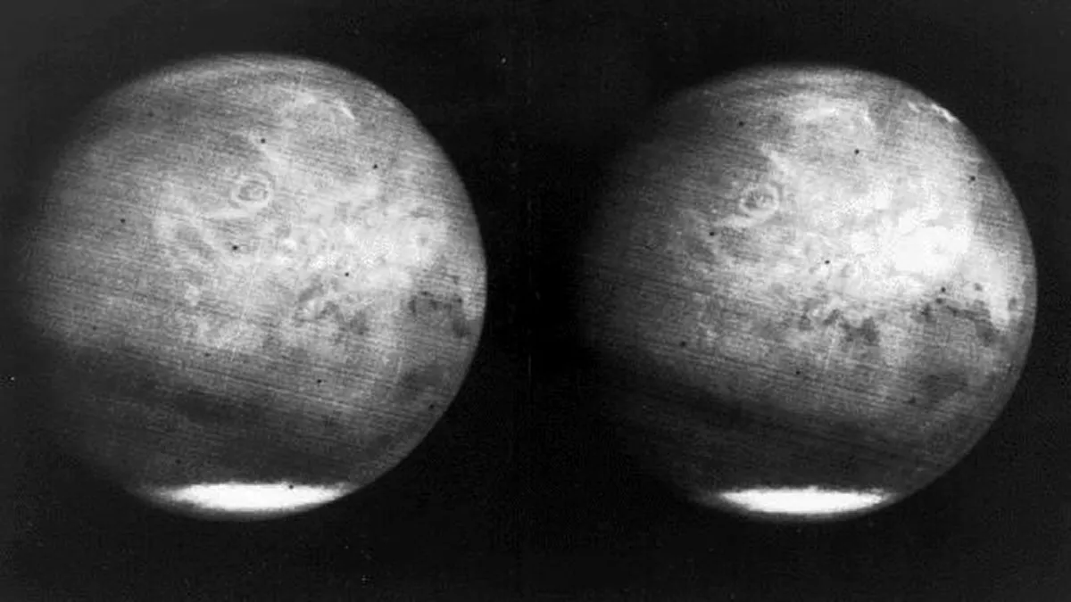 A full view of Mars captured by Mariner 7, showing the polar caps. Credit: NASA/JPL.