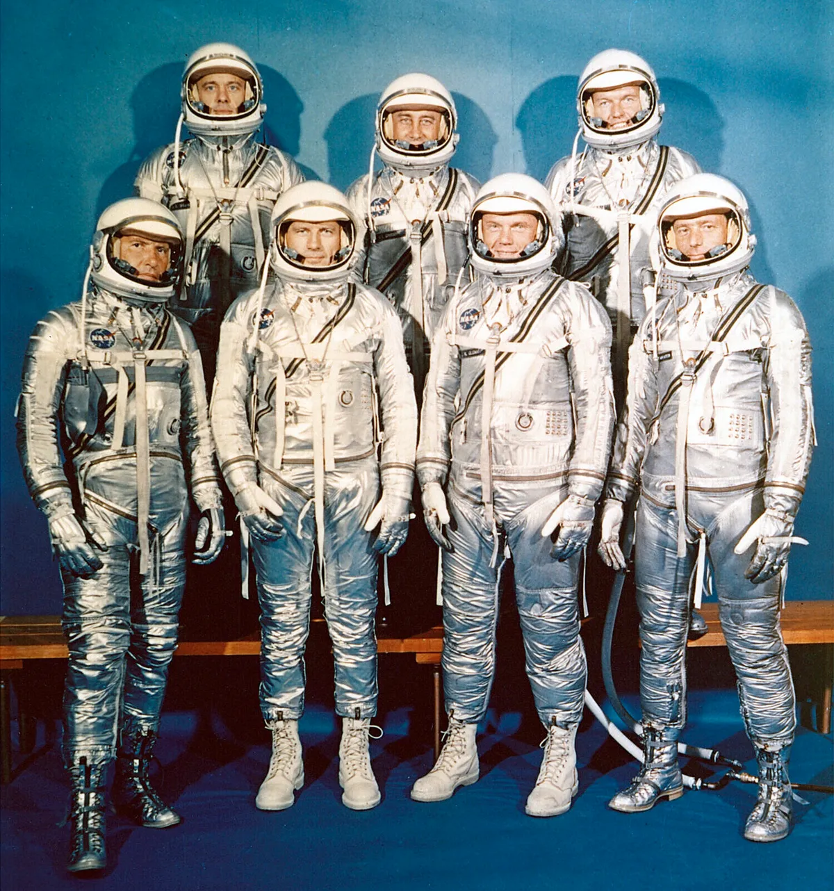 The seven Mercury astronauts were. From left: Wally Schirra, Alan Shepard, Deke Slayton, Gus Grissom, John Glenn, Gordon Cooper and Scott Carpenter. Credits: NASA