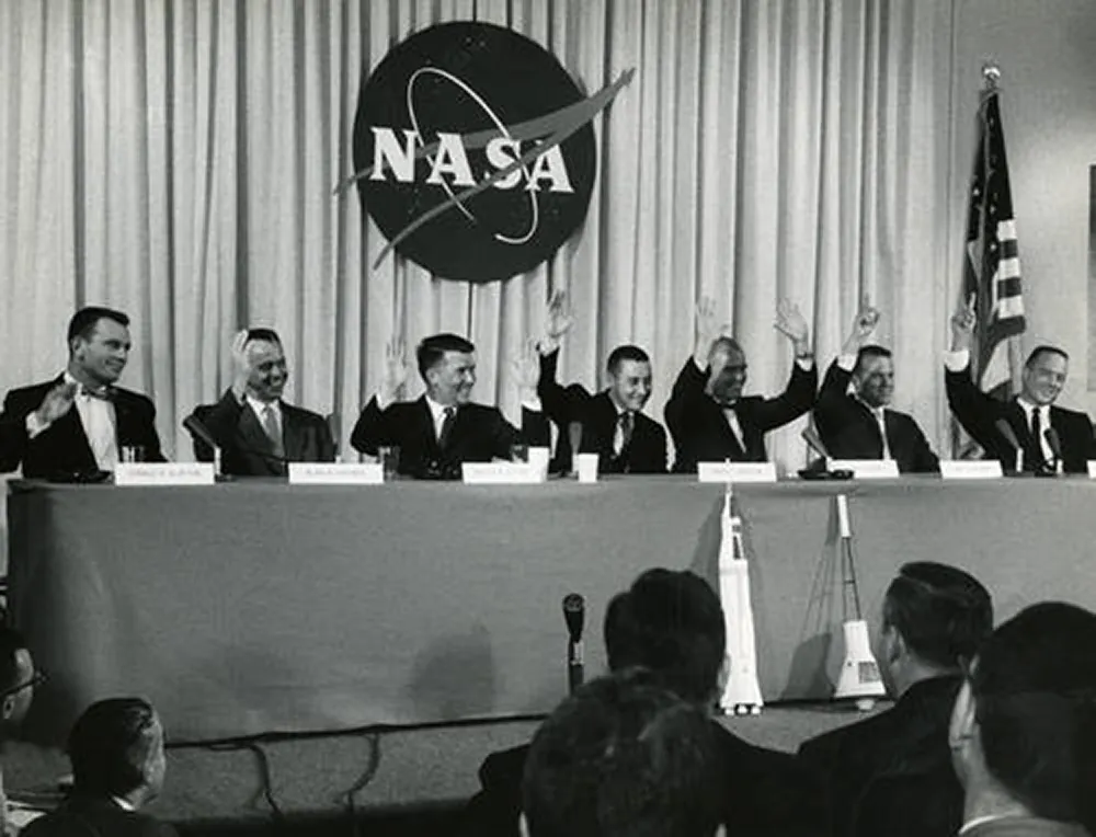 The Mercury 7 astronauts were introduced to the world at a press conference help on 9 April 1959 in the ballroom of Dolley Madison House on Lafayette Square in Washington, DC. Credit: NASA
