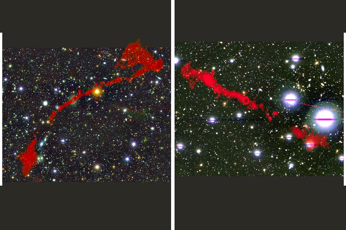 I. HEYWOOD (OXFORD/RHODES/SARAO), NARVIKK/ISTOCK/GETTY. Two giant radio galaxies found with the MeerKAT telescope, with their light shown in red