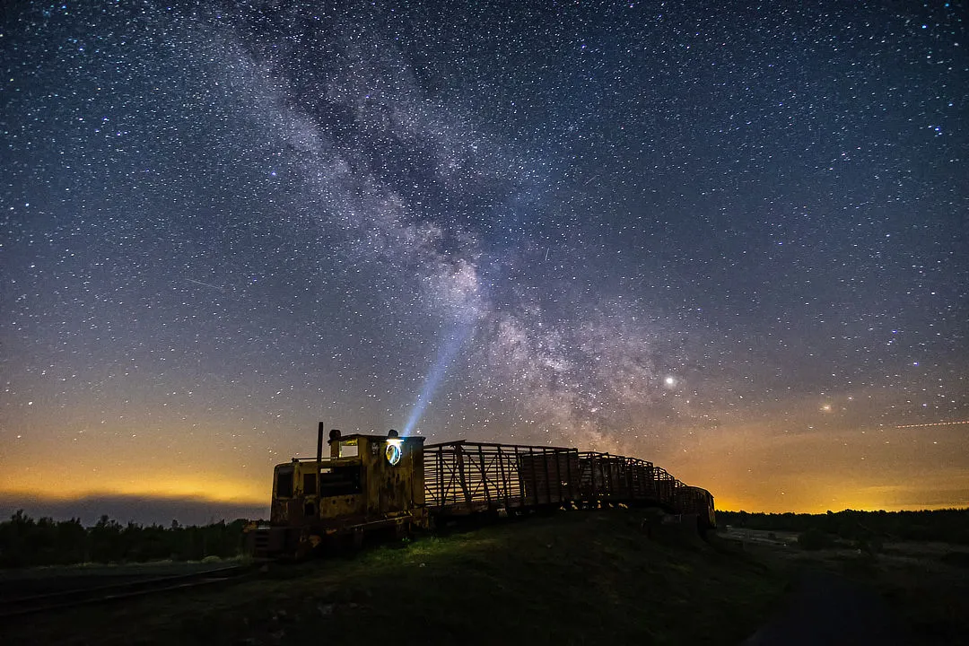 Milky Way over the Sky Train. Todor Tilev, County Offaly, Ireland, 12 May 2019. Equipment: Fujifilm X-T10 camera, Samyang 12mm lens.