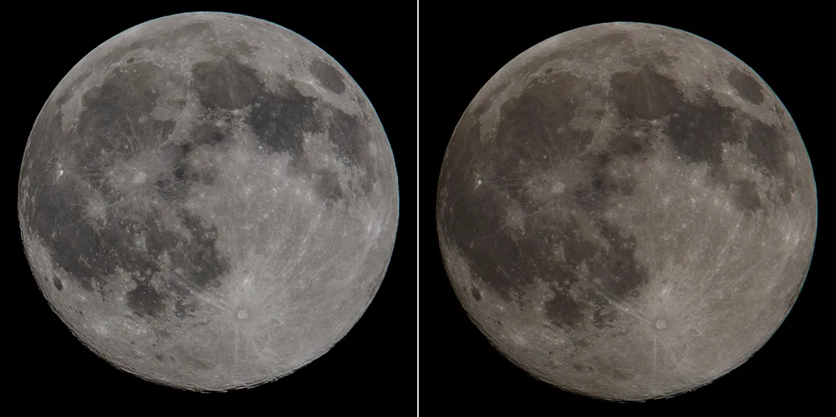 2 images of the Moon taken at ISO 100 with an aperture of f/7.1, using exposures of 1/250 seconds (left) and 1/400 seconds (right). The Moon looks dull and less detailed in the right-hand image. Credit: Charlotte Daniels
