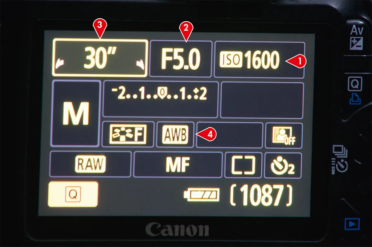 A DSLR settings screen will include: 1) ISO; 2) Aperture/f-stop number; 3) Exposure; and 4) White balance (here on auto, ‘AWB’)