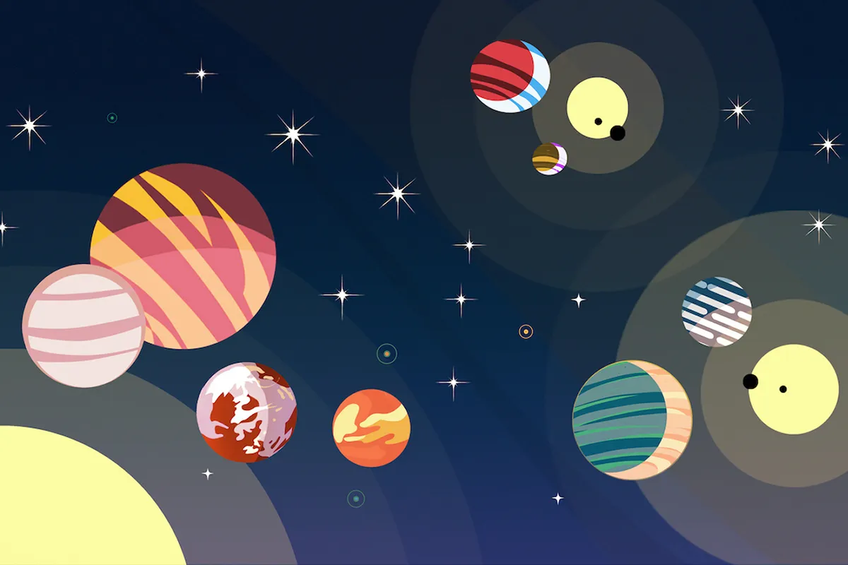 Artist's illustration showing a variety of exoplanets.
