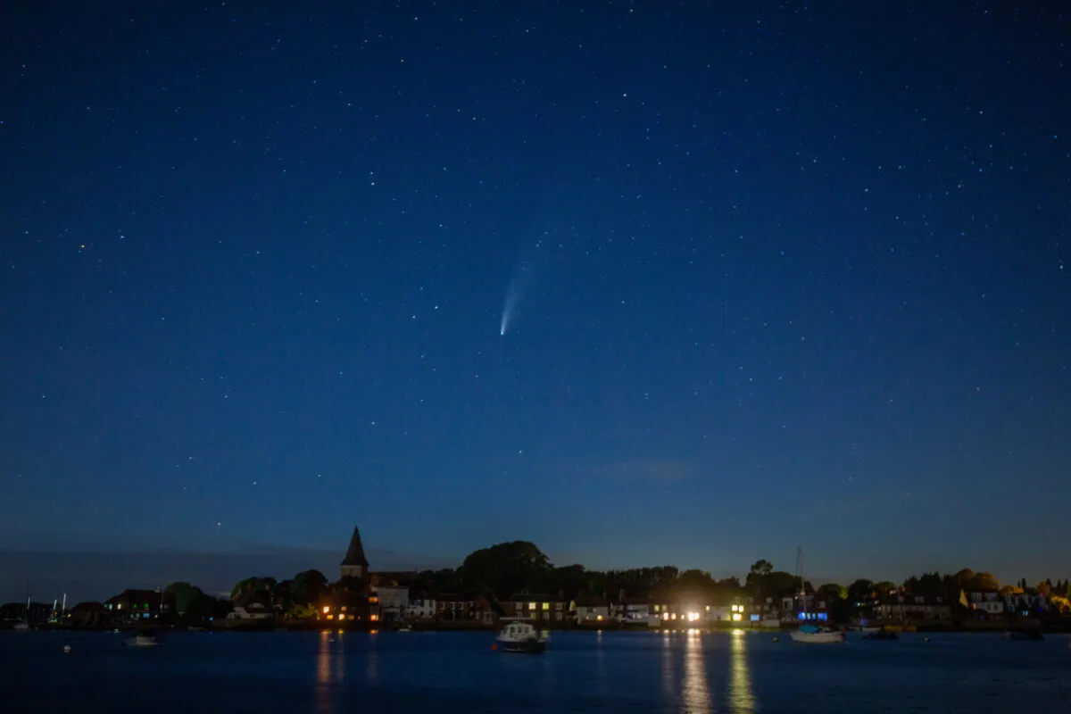 Comet NEOWISE over Bosham in West Sussex, UK on the night of 17-18 July 2020, when the world was in the depths of the Covid pandemic. The most recent example of comets as harbingers of doom? Credit: Peter Meade / Getty Images