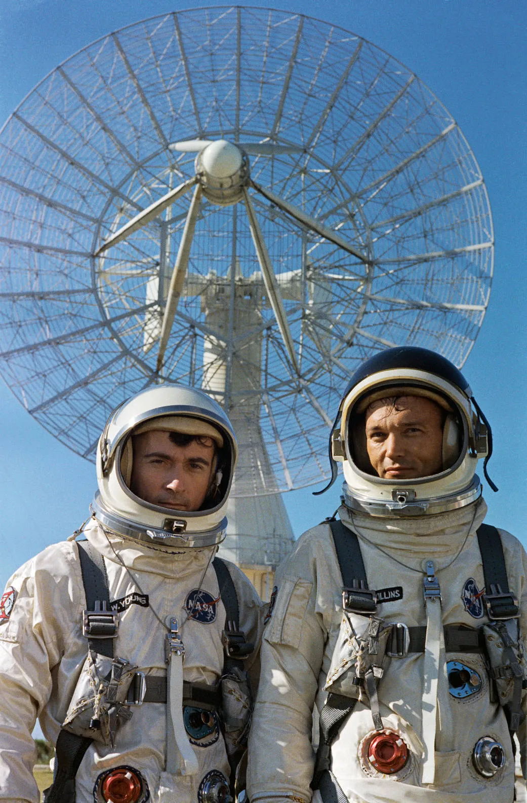 John W. Young (left) and Michael Collins during a press photo session for the Gemini 10 mission, 16 July 1966. Credit: NASA