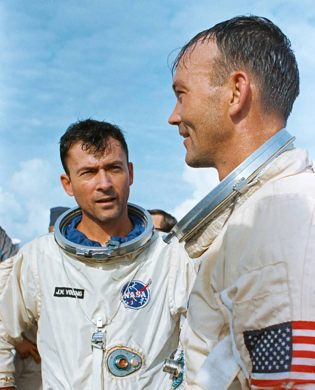Gemini 10 crew John Young and Michael Collins pictured aboard the ship USS Guadalcanal on 21 July 1966, following successful splashdown of the Gemini 10 mission. Credit: NASA