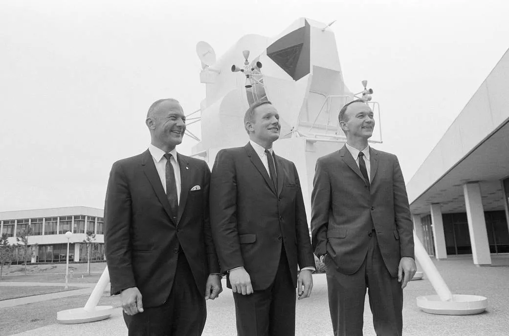 Buzz Aldrin, Neil Armstrong and Michael Collins pictured at what is now Johnson Space Center, 10 January 1969, the day after they were selected as Apollo 11 crew. Credit: NASA
