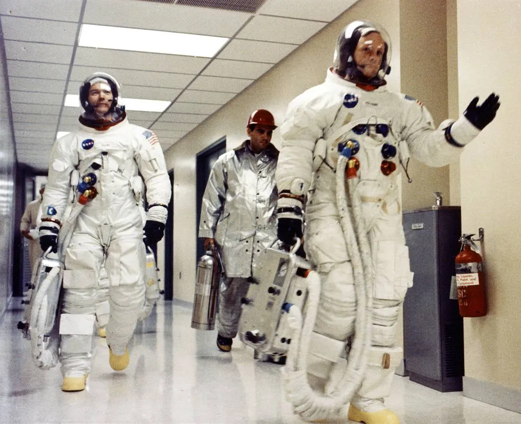 The Apollo 11 crew on their way to Launch Complex 39A, 16 July 1969, preparing to become the first humans to set foot on the Moon. Credit: NASA