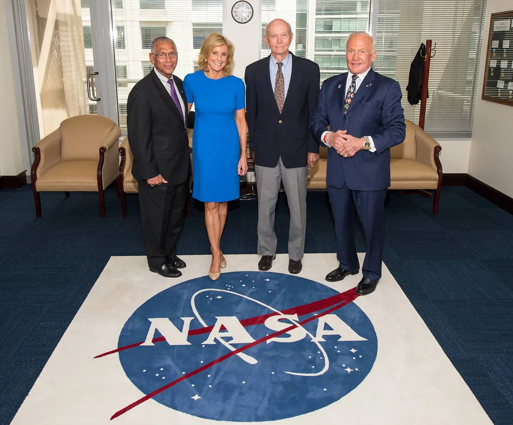Buzz Aldrin and Michael Collins pictured with NASA Administrator Charles Bolden and Carol Armstrong, widow of Neil Armstrong, at NASA HQ on 22 July 2014, during the 45th anniversary week of the Apollo 11 landing. Credit: NASA/Joel Kowsky