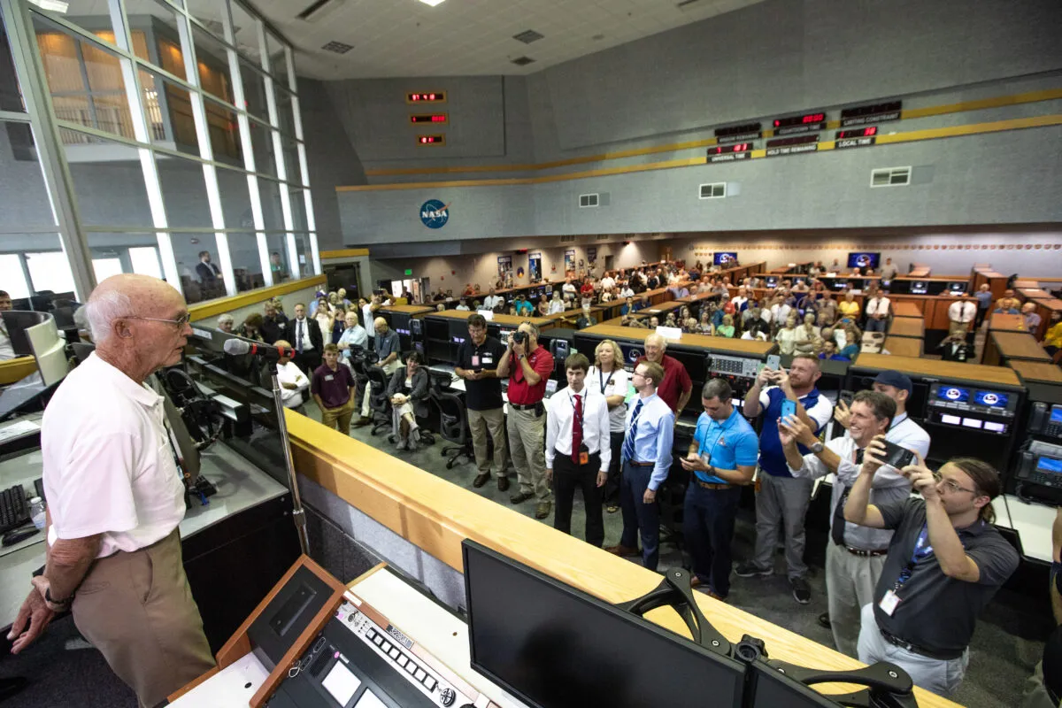 Michael Collins pictured in Launch Control Center at NASA’s Kennedy Space Center, 16 July 2019, on the 50th anniversary of the Apollo 11 launch, speaking to Apollo 11 team and the current launch team for NASA's Artemis 1 mission. Credit: NASA