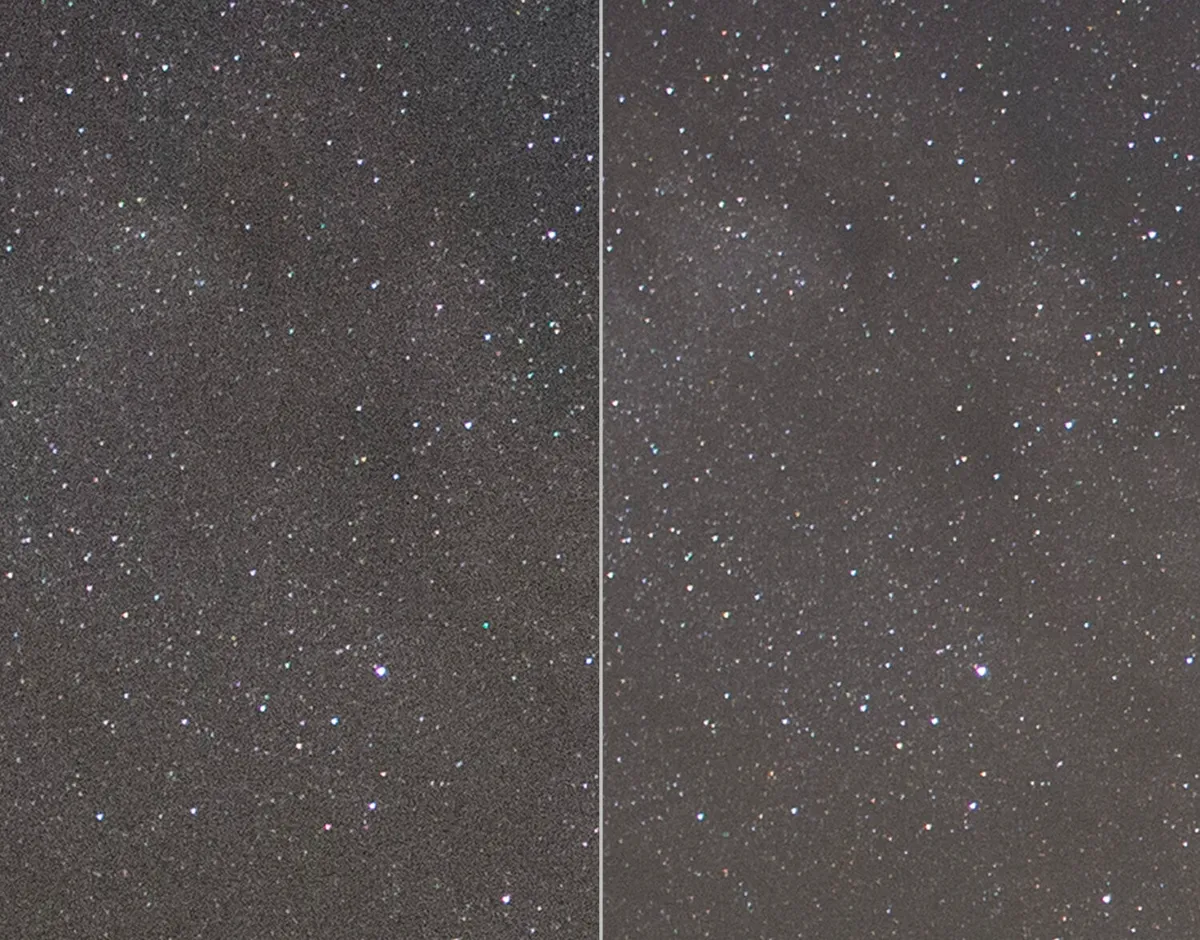 Avoid noise (unwanted artefacts) in images by keeping ISO settings low. Left: ISO 12800. Right: ISO 1600.