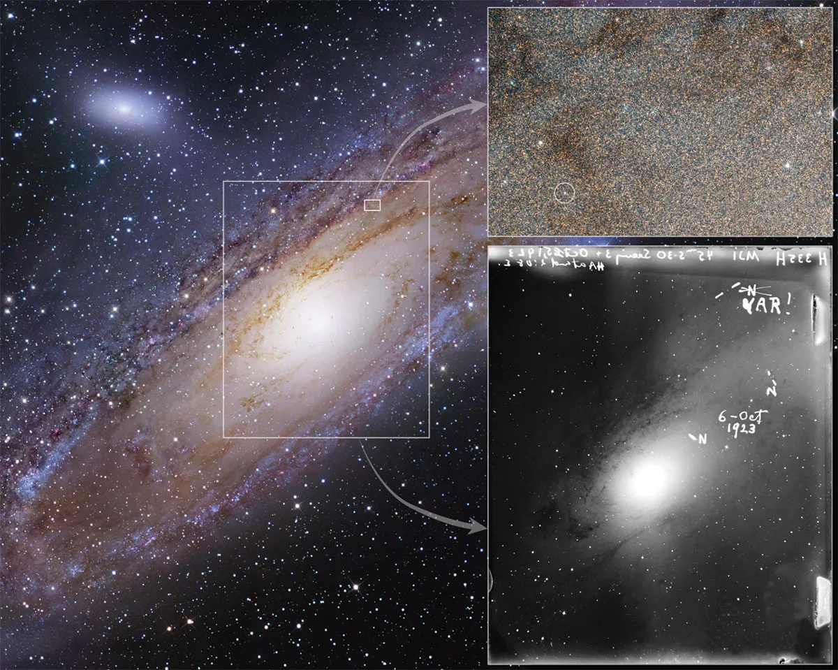 Clockwise from left: the Andromeda Galaxy, with the location of the Cepheid variable discovered by Hubble in 1923 (circled, top) and Hubble’s own glass plate image. Credit: NASA, ESA, and the Hubble Heritage Team (STScI/AURA); Illustration: NASA, ESA, and Z. Levay (STScI)