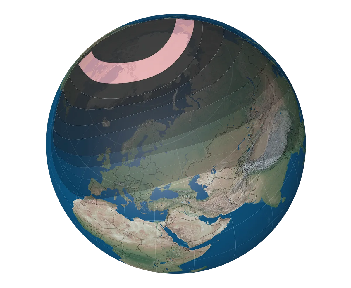 The path of the 10 June 2021 annular solar eclipse, with the path of annularity represented in pink. Credit: Paul Wotton