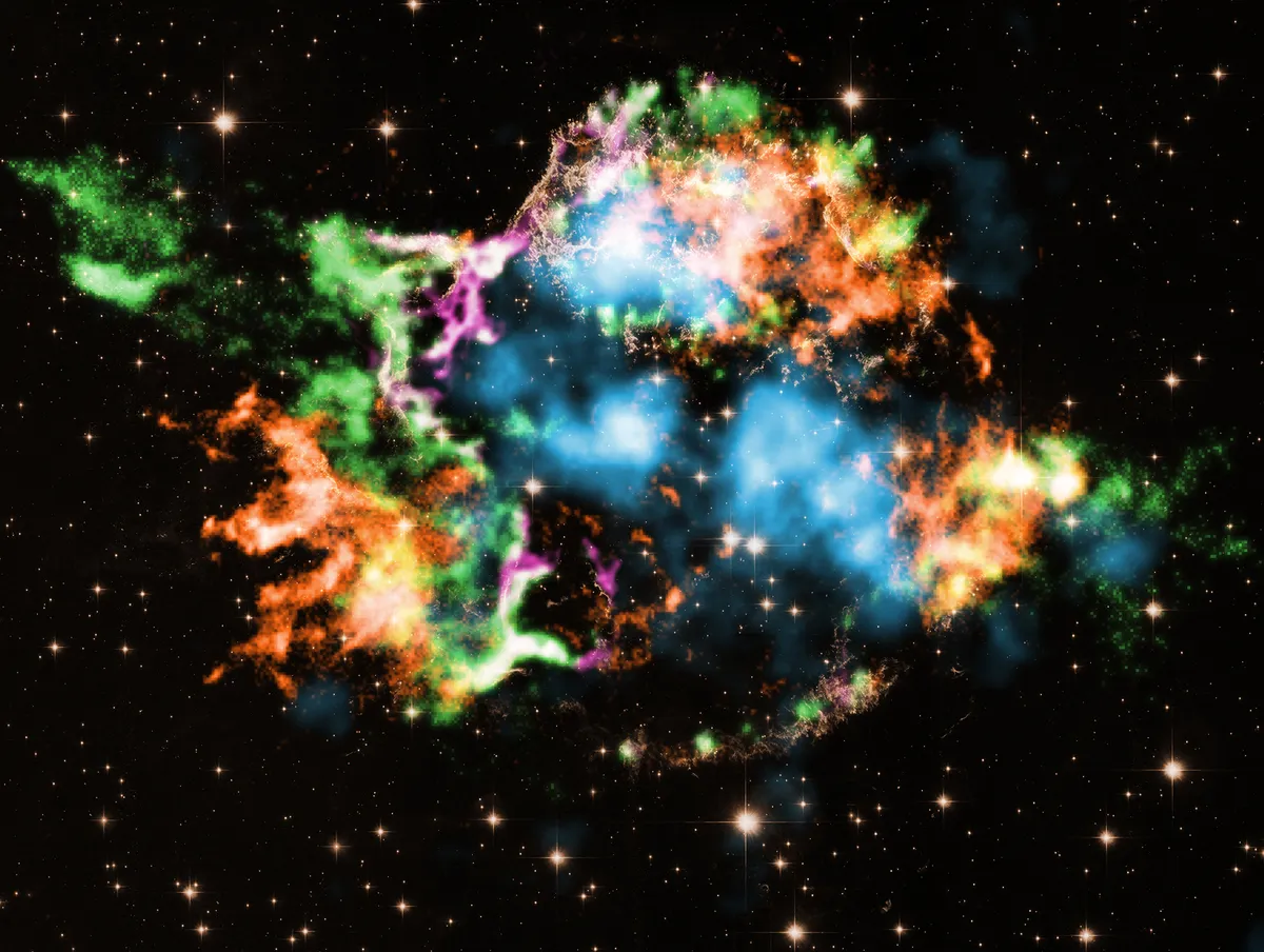 Stable titanium bubbles in supernova remnant Cassiopeia A. CHANDRA X-RAY OBSERVATORY/NuSTAR/HUBBLE SPACE TELESCOPE, 21 APRIL 2021. IMAGE CREDIT: Chandra: NASA/CXC/RIKEN/T. Sato et al.; NuSTAR: NASA/NuSTAR; Hubble: NASA/STScI