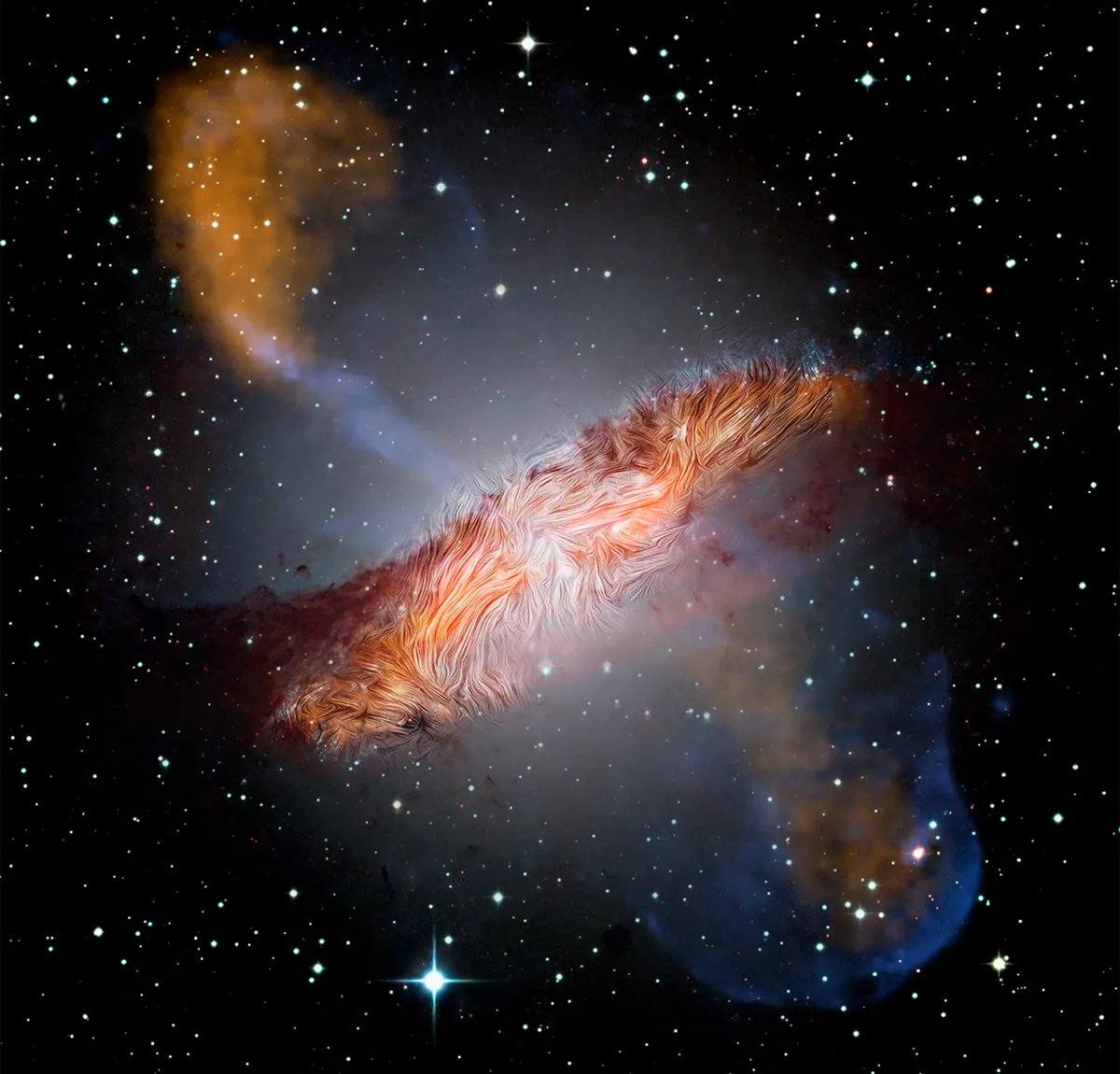 Magnetic fields around Centaurus A. SOFIA/EUROPEAN SOUTHERN OBSERVATORY AND ATACAMA PATHFINDER EXPERIMENT/ CHANDRA X-RAY OBSERVATORY/SPITZER SPACE TELESCOPE, 8 APRIL 2021. IMAGE CREDIT: Optical: European Southern Observatory (ESO) Wide Field Imager; Submillimeter: Max Planck Institute for Radio Astronomy/ESO/Atacama Pathfinder Experiment (APEX)/A.Weiss et al.; X-ray and Infrared: NASA/Chandra/R. Kraft; JPL-Caltech/J. Keene; SOFIA/L. Proudfit