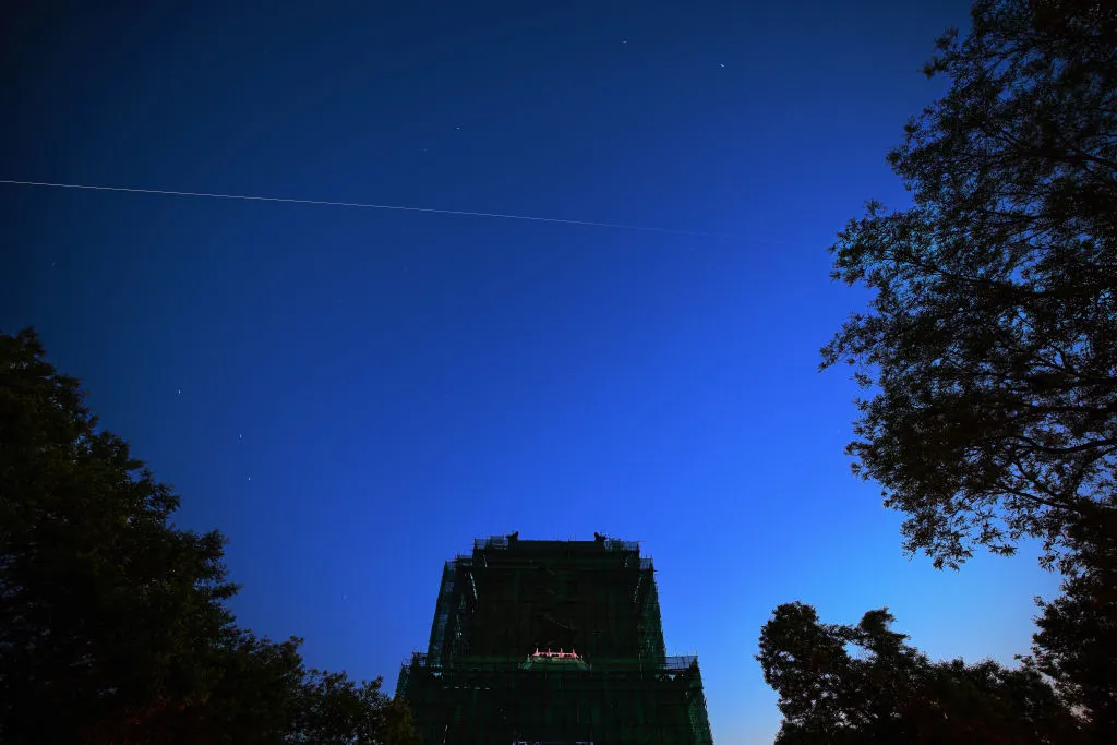 The Tianhe module of the Chinese Tiangong space station seen over Beijing, China, on 2 May 2021, following its launch on the Long March 5B rocket. Photo by Lu Lin/VCG via Getty Images)