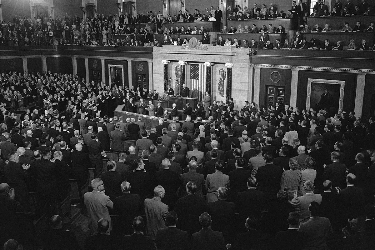 US president John F Kennedy addresses Congress on 25 May 1961, announcing his administration's intention to put human beings on the Moon. Credit: AFP via Getty Images
