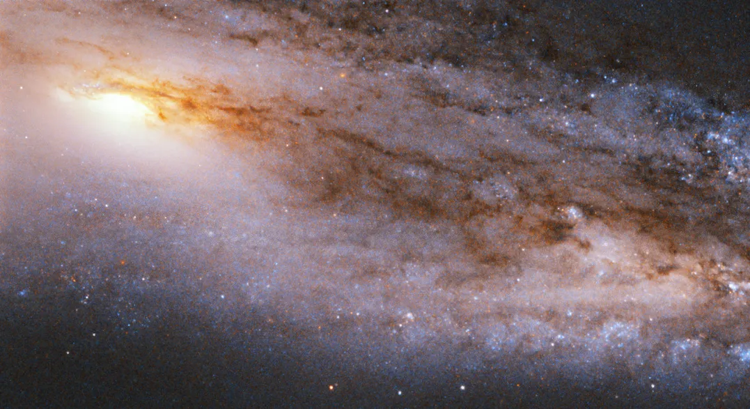 Galaxy M98 - Messier 98 - is thought to host a trillion stars and is packed with cosmic dust, which can be seen in this Hubble Space Telescope image as a red-brown structure. Credit: ESA/Hubble & NASA, V. Rubin et al.