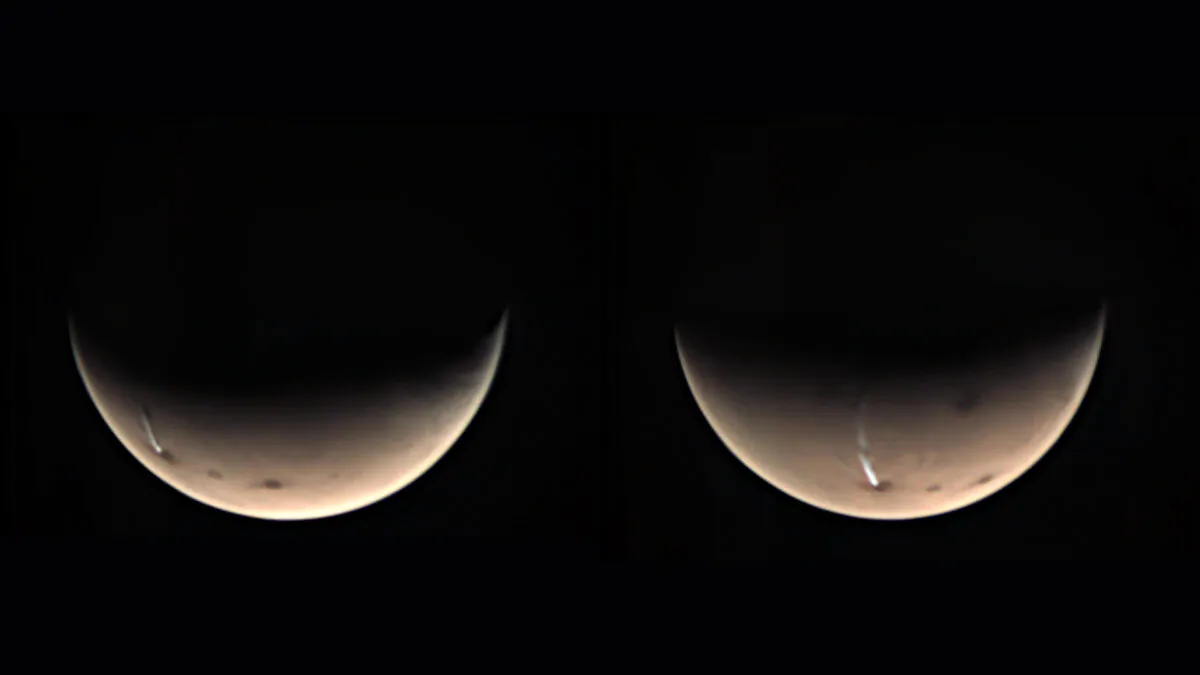 Images of the Arsia Mons Elongated Cloud captured on 17 and 19 July 2020 by the Visual Monitoring Camera (VMC) on Mars Express. Credit: ESA/GCP/UPV/EHU Bilbao