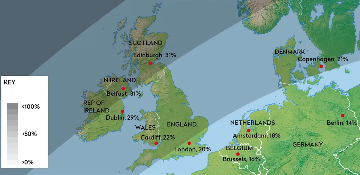 A map of the UK and northern Europe shows the percentage of the Sun covered during the partial solar eclipse on 10 June 2021. Credit: Paul Wootton.