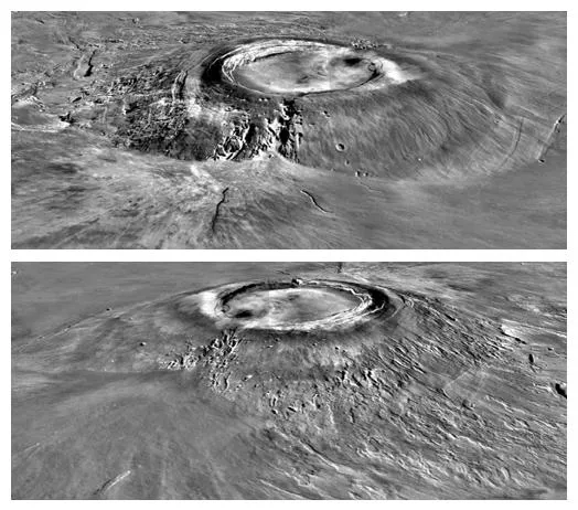 Two views of Arsia Monscaptured by NASA's Mars Global Surveyor. Credit: NASA/MOLA Science Team