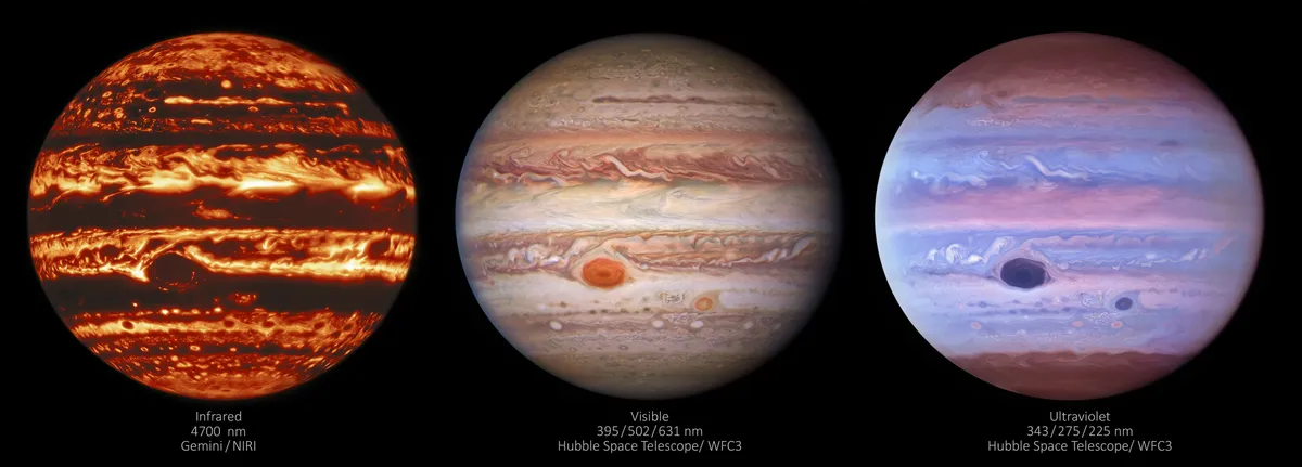 Jupiter in a new light: infrared, visible and ultraviolet GEMINI NORTH, HUBBLE SPACE TELESCOPE, 11 MAY 2021 CREDIT: International Gemini Observatory/NOIRLab/NSF/AURA/NASA/ESA, M.H. Wong and I. de Pater (UC Berkeley) et al.
