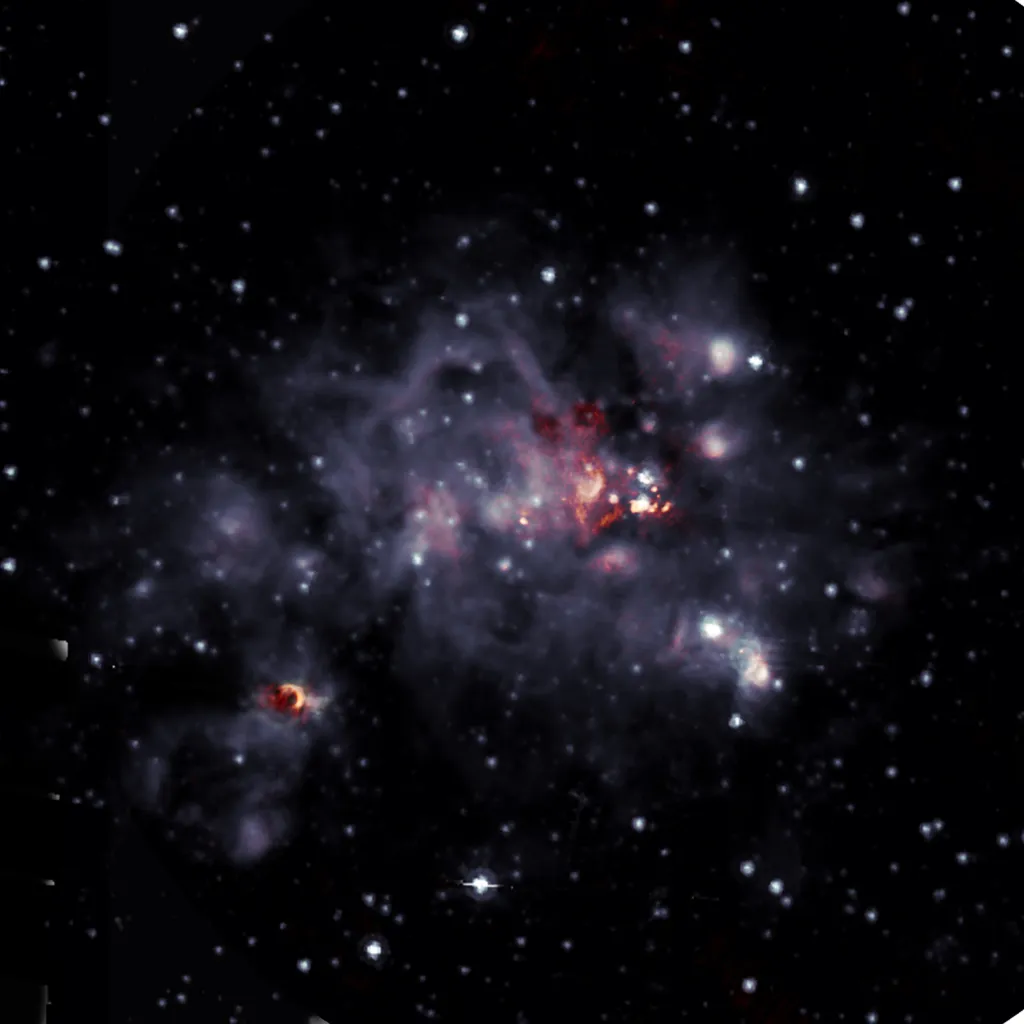 Giant molecular cloud W49A in radio and infrared VERY LARGE ARRAY, 4 MAY 2021 Credit: DePree, et al.; Sophia Dagnello, NRAO/AUI/NSF; Spitzer/NASA.